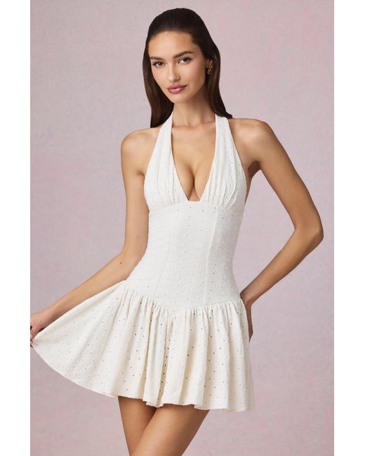 Oh Polly White Modal Broderie Anglaise Halterneck Mini Dress