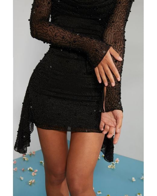 Oh Polly Black Long Sleeve Embellished Cowl Neck Mini Dress