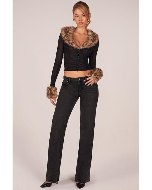 Oh Polly Black Faux Fur-Trim Sheer Mesh Cardigan
