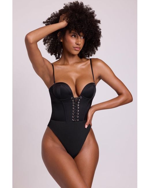 Oh Polly Black Satin Plunge Neck Lace Up Corset Bodysuit