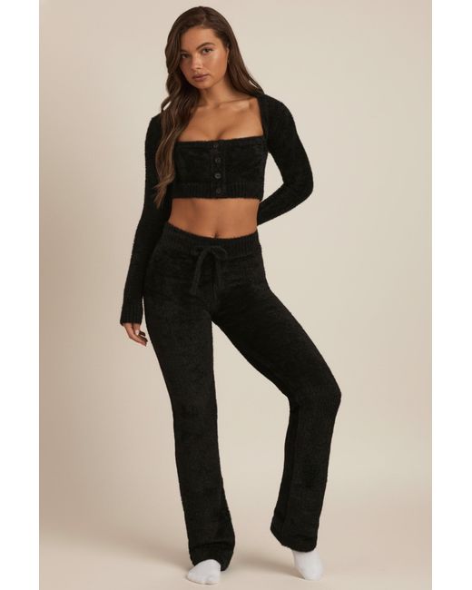 Oh Polly Black Fluffy Knit Wide-Leg Trousers