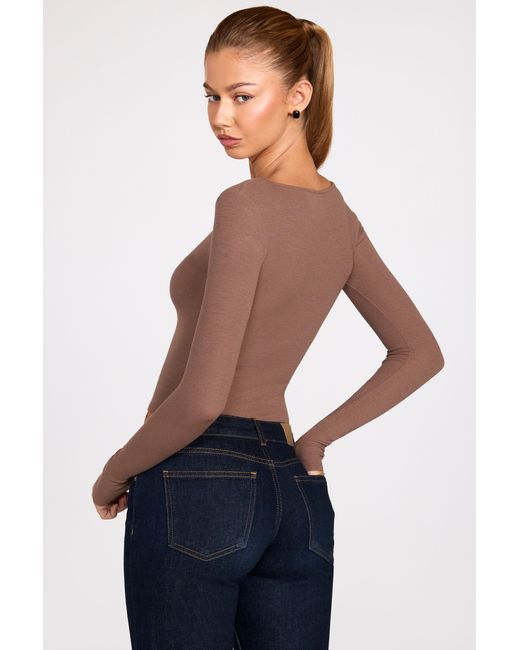 Oh Polly Brown Ribbed Modal Ruched Long-Sleeve Top