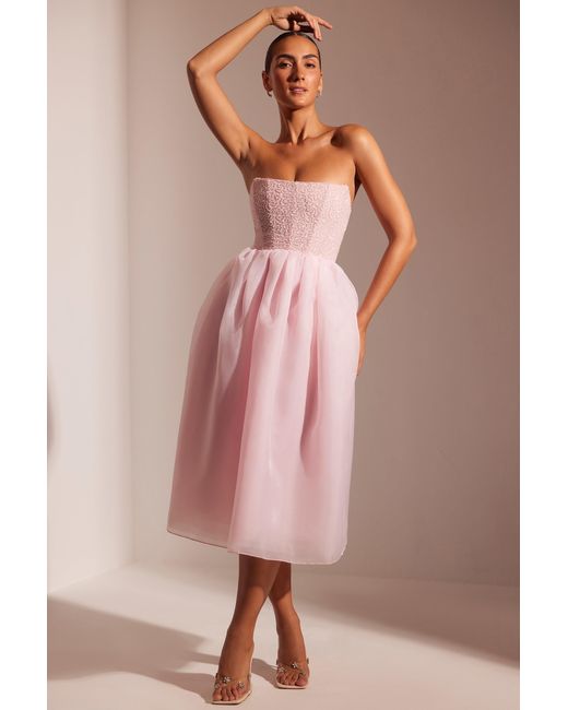 Women's Pink Embellished Corset Tulle Skirt Midi Dress