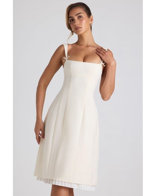 Oh Polly White Bow-Detail Pleated A-Line Midi Dress
