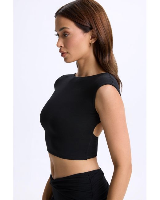 Oh Polly Black Modal Cap-Sleeve Open-Back Crop Top