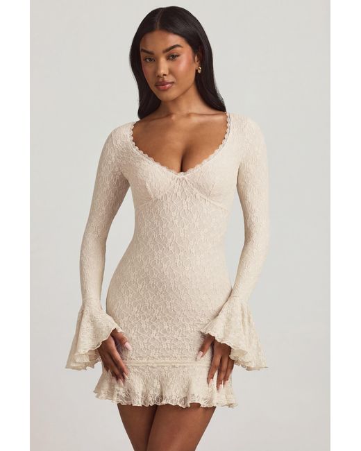 Oh Polly White Long-Sleeve Ruffled Lace Mini Dress