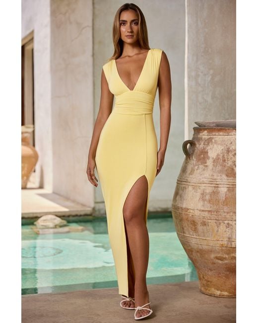 Oh Polly Yellow Modal Plunge-Neck Thigh-Split Maxi Dress