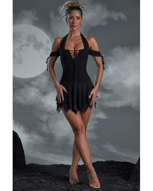 Oh Polly Black Lace Up Halter Neck Mini Dress