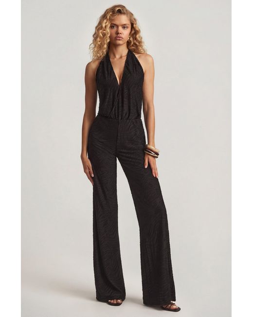 Oh Polly Black Devoré Halterneck Open-Back Jumpsuit
