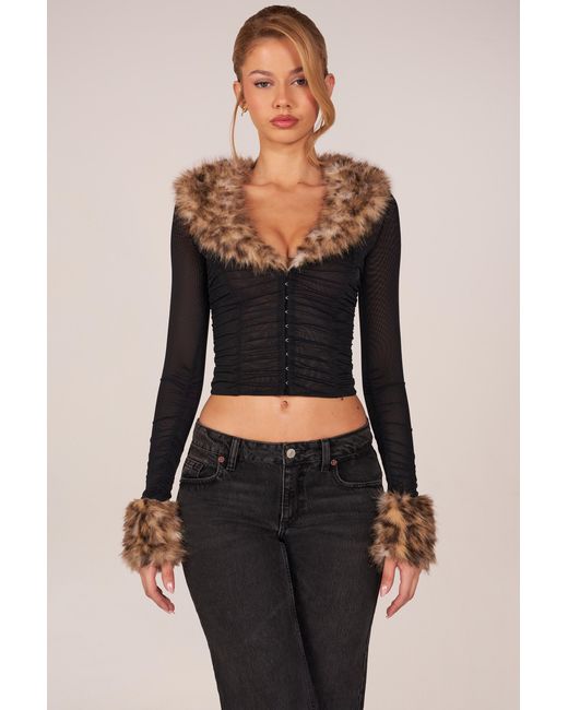 Oh Polly Black Faux Fur-Trim Sheer Mesh Cardigan