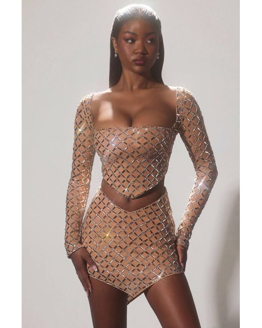 Oh Polly Natural Embellished Asymmetric Crop Top