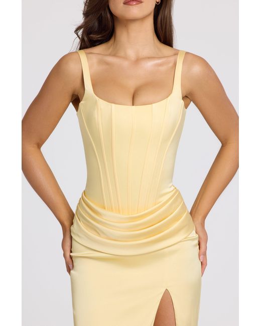 Oh Polly Yellow Corseted Thigh-High Split Maxi Dress