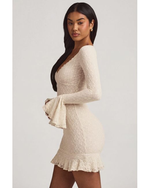 Oh Polly White Long-Sleeve Ruffled Lace Mini Dress