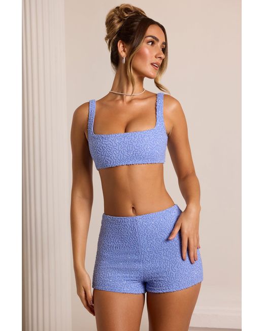 Oh Polly Blue Embellished High Waist Hot Pant Shorts