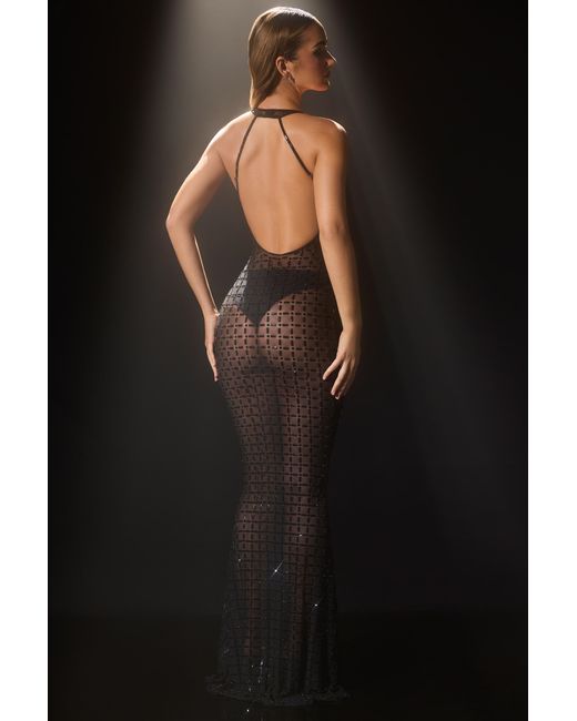 Oh Polly Black Embellished Semi-Sheer Halterneck Gown