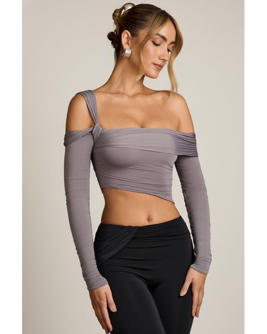 Oh Polly Gray Asymmetric Off-Shoulder Draped Top