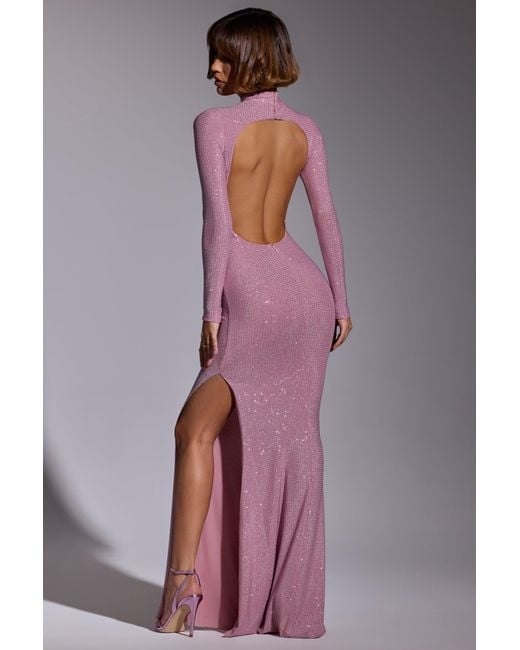 Oh Polly Pink Embellished Long Sleeve Evening Gown