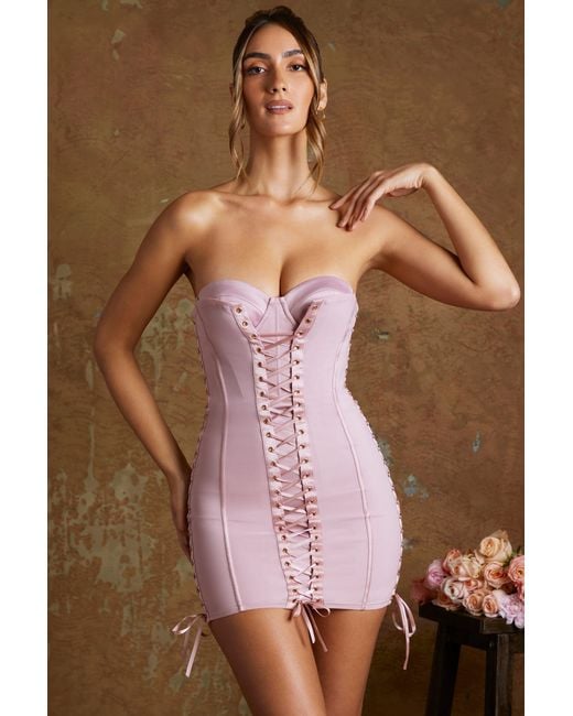 Oh Polly Pink Lace Up Corset Bandeau Micro Mini Dress