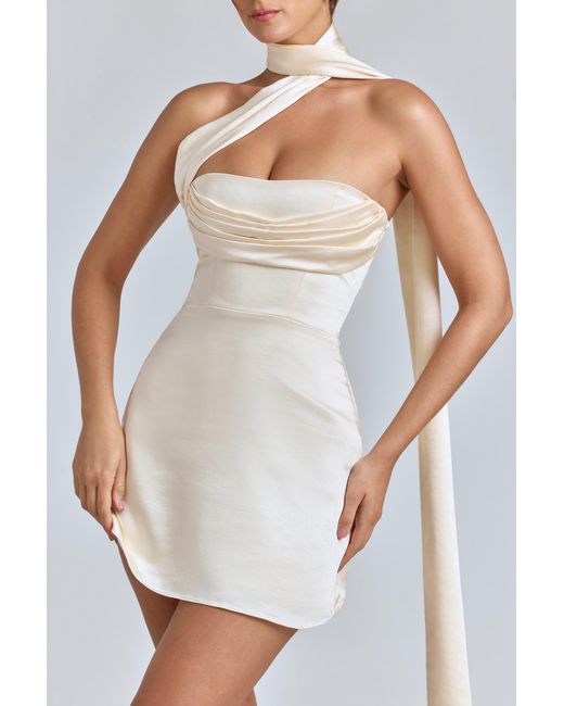Oh Polly White Draped Halterneck Satin Mini Dress