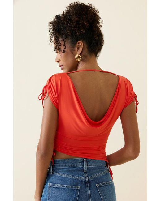 Oh Polly Red Asymmetric Ruched Cowl-Back Crop Top