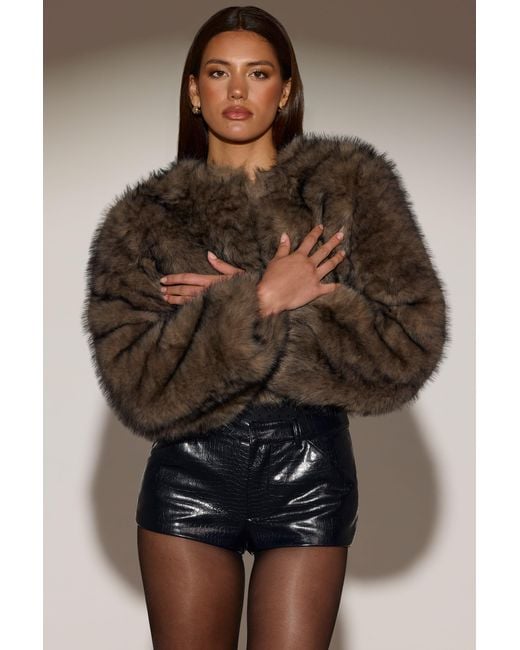 Oh Polly Brown Cropped Faux-Fur Jacket
