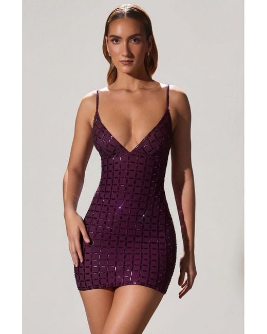 Oh Polly Black Embellished Plunge Semi-Sheer Mini Dress