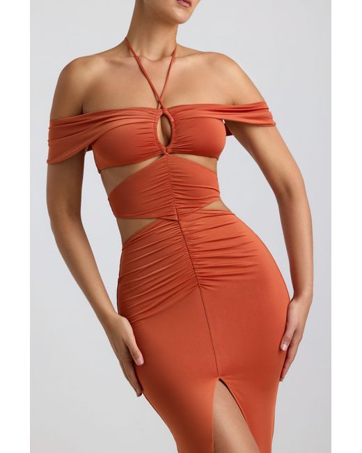 Oh Polly Orange Slinky Jersey Cut-Out Halterneck Gown