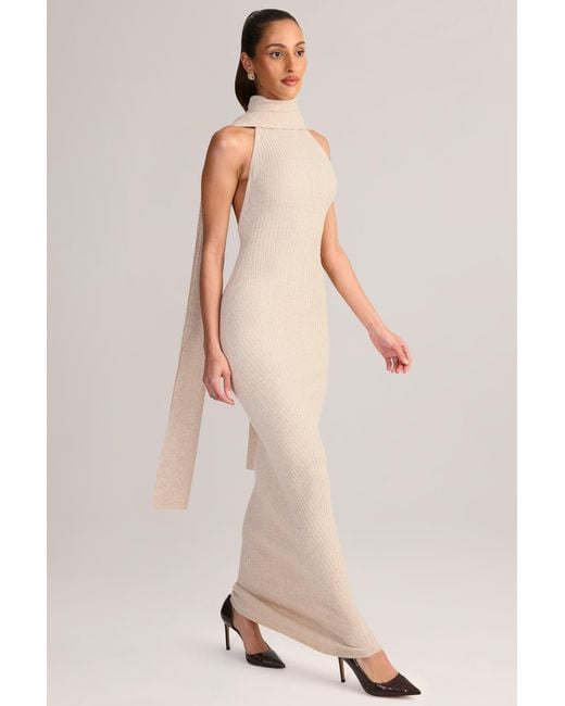Oh Polly White Rib-Knit Scarf-Detail Halterneck Maxi Dress