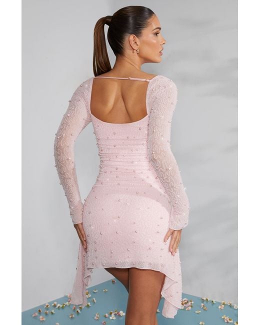 Oh Polly Pink Long Sleeve Embellished Cowl Neck Mini Dress