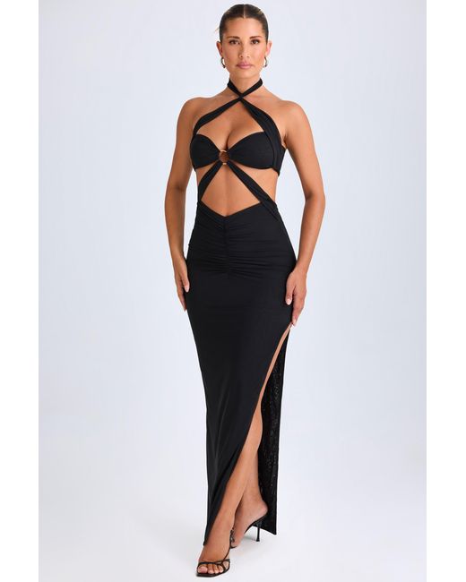 Oh Polly Black Hardware Detail Cut-Out Halterneck Maxi Dress