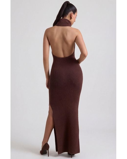 Oh Polly Brown Ribbed-Knit Turtleneck Backless Maxi Dress