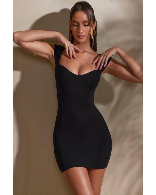 Oh Polly Black Sweetheart Neckline Cap Sleeve Mini Dress