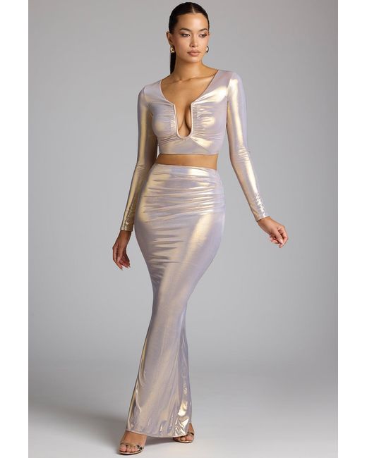 Oh Polly Mid Rise Metallic Jersey Maxi Skirt