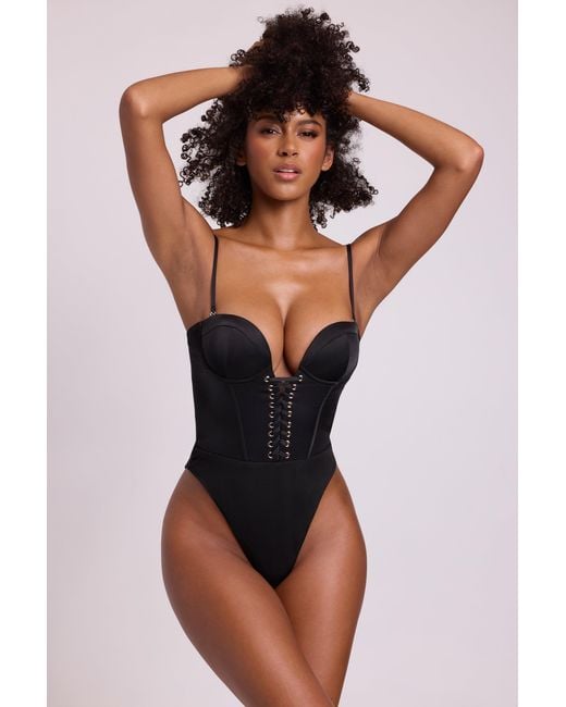 Oh Polly Black Satin Plunge Neck Lace Up Corset Bodysuit
