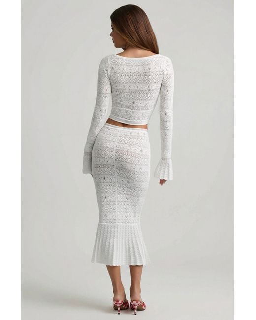 Oh Polly White Ruffle-Trim Pointelle-Knit Midaxi Skirt