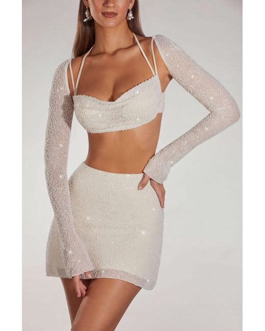 Oh Polly White Embellished Long Sleeve Crop Top