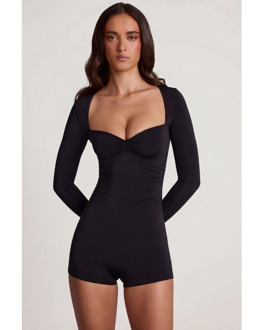 Oh Polly Black Soft Jersey Sweetheart Long-Sleeve Mini Playsuit