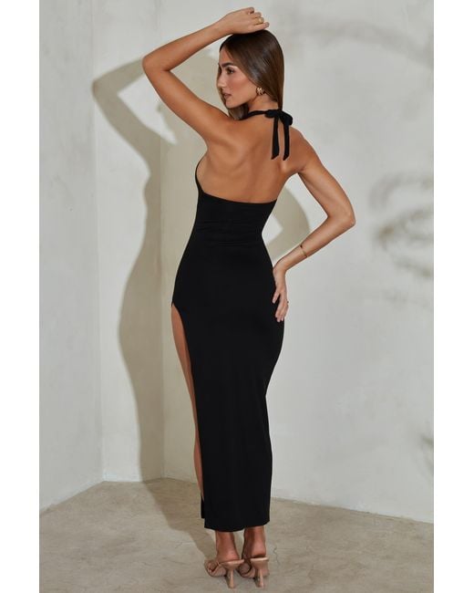 Oh Polly Black Modal Halter-Neck Thigh-Split Maxi Dress