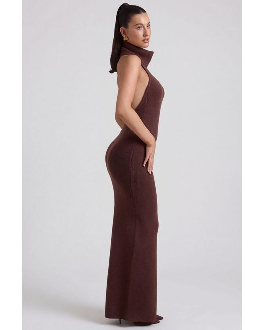 Oh Polly Brown Ribbed-Knit Turtleneck Backless Maxi Dress