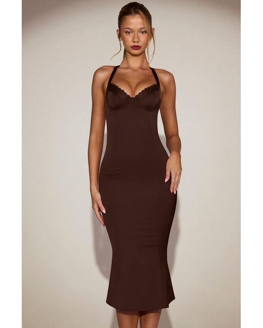 Oh Polly Brown Satin Sweetheart Bustier Fishtail Midaxi Dress