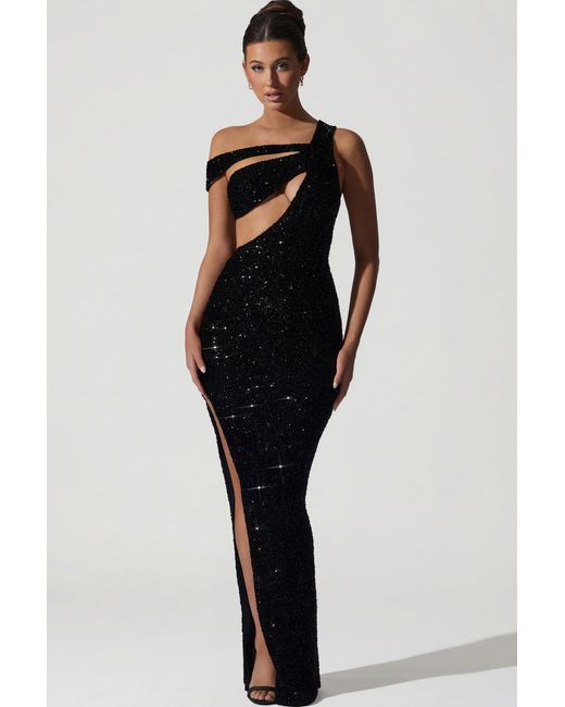 Oh Polly Black Embellished Asymmetric Cut-Out Gown