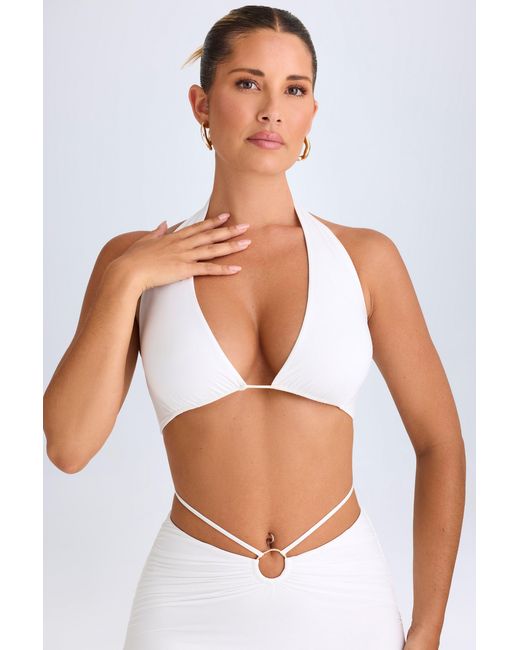 Oh Polly White Plunge Hardware-Detail Halterneck Crop Top
