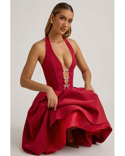 Oh Polly Red Halterneck Bow-Detail Midi Dress