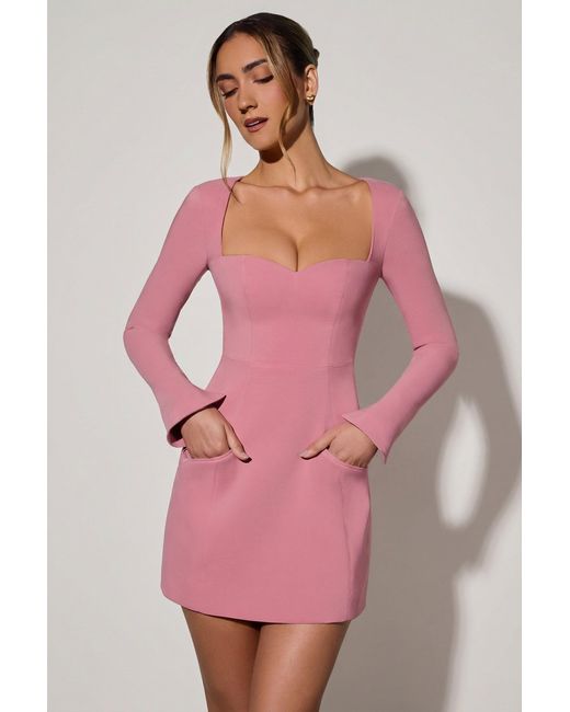 Oh Polly Pink Sweetheart-Neck Long-Sleeve A-Line Mini Dress