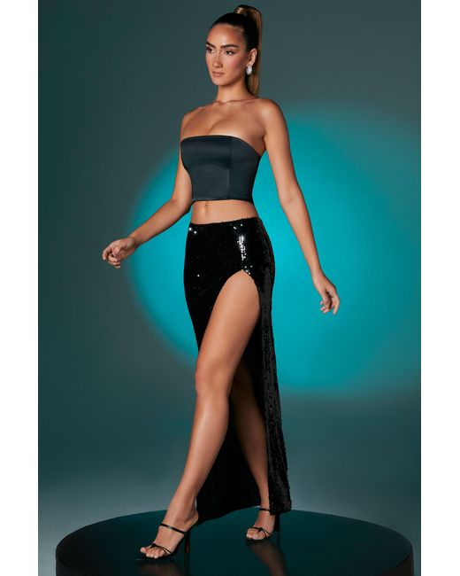Oh Polly Black Flat Sequin Thigh Split Maxi Skirt