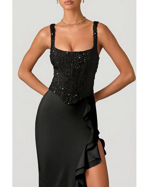 Oh Polly Black Embellished Ruffle-Trim Corset Gown