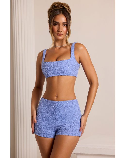 Oh Polly Blue Embellished High Waist Hot Pant Shorts