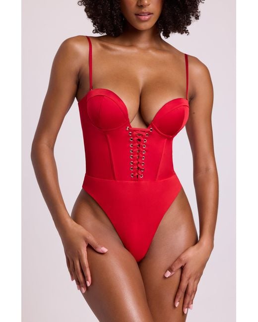 Oh Polly Red Satin Plunge Neck Lace Up Corset Bodysuit