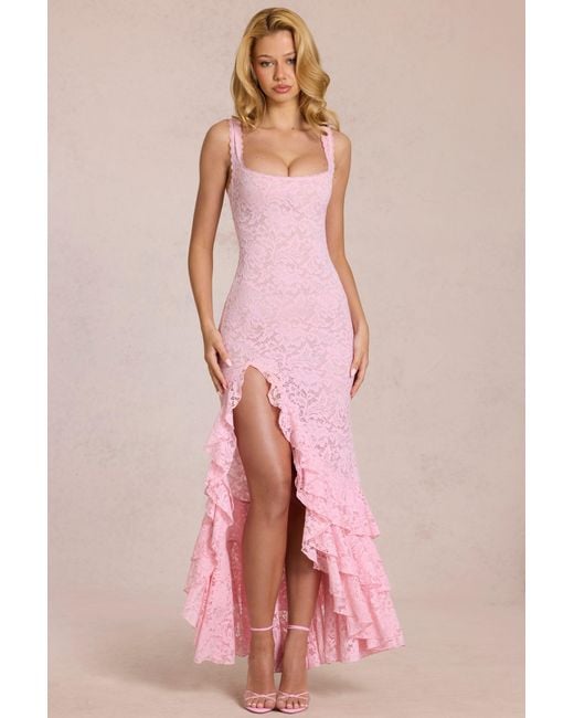 Oh Polly Pink Lace Ruffle Maxi Dress