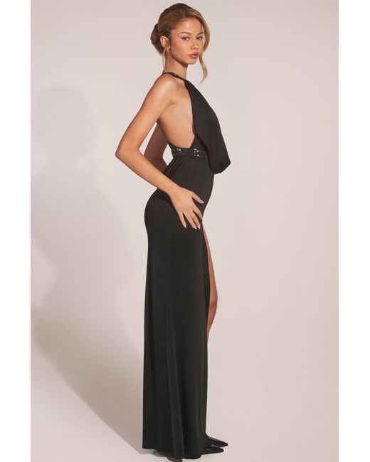 Oh Polly Black Cowl-Neck Thigh-High Gown